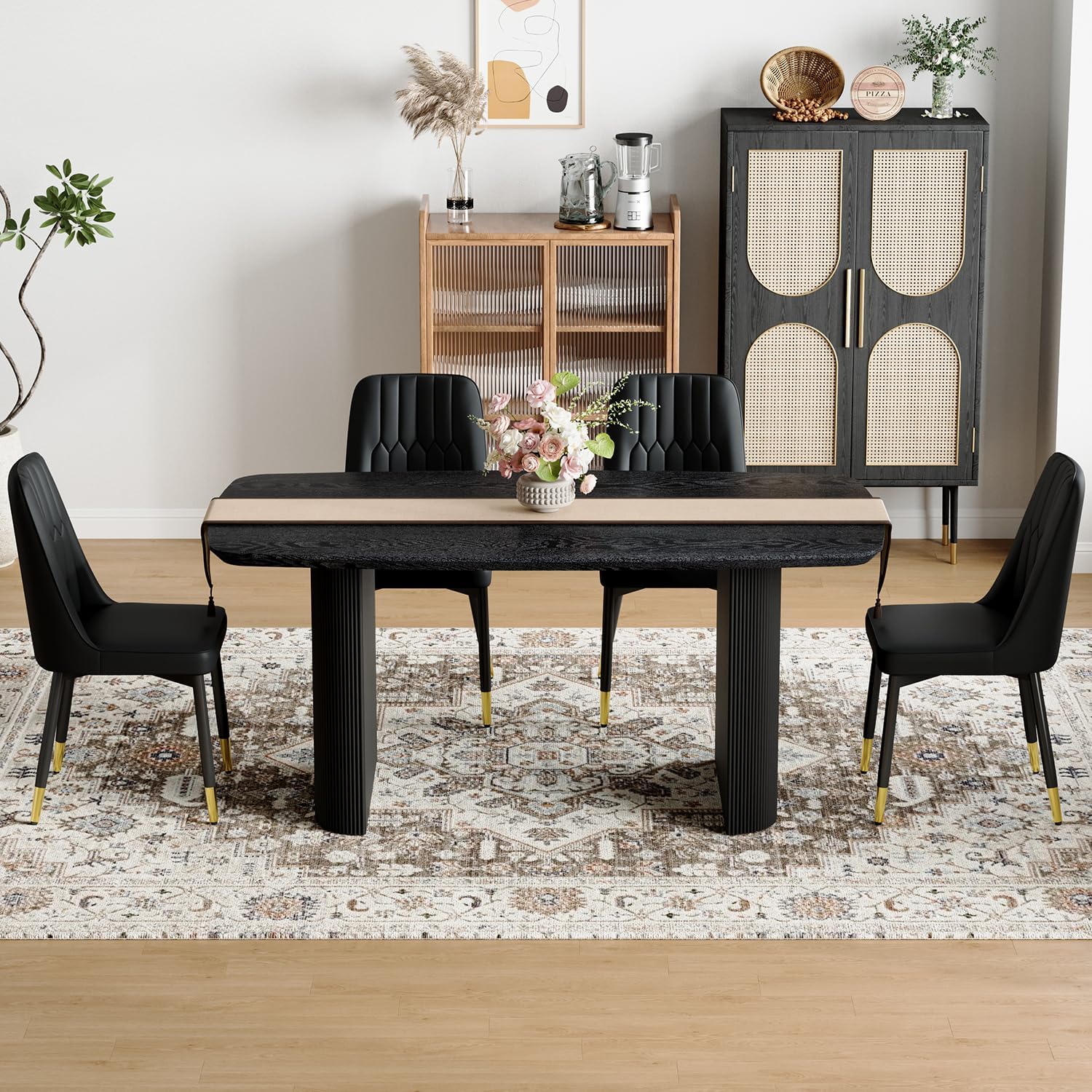TesNus Modern Dining Table Set for 4, 67'' Black Dining Table Set with 4 Upholstered Metal Chairs, 3.5'' Oval Wood Top and Matte Black Pedestal Base, Rounded Corners Kitchen & Dining Room Table Set