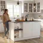 Tuhome Juniper Kitchen Island with Storage, 59in Wide Prep Top, 2-Door Cabinet with Interior Shelves and Dual Open Shelves, Engineered Wood, White/Light Oak