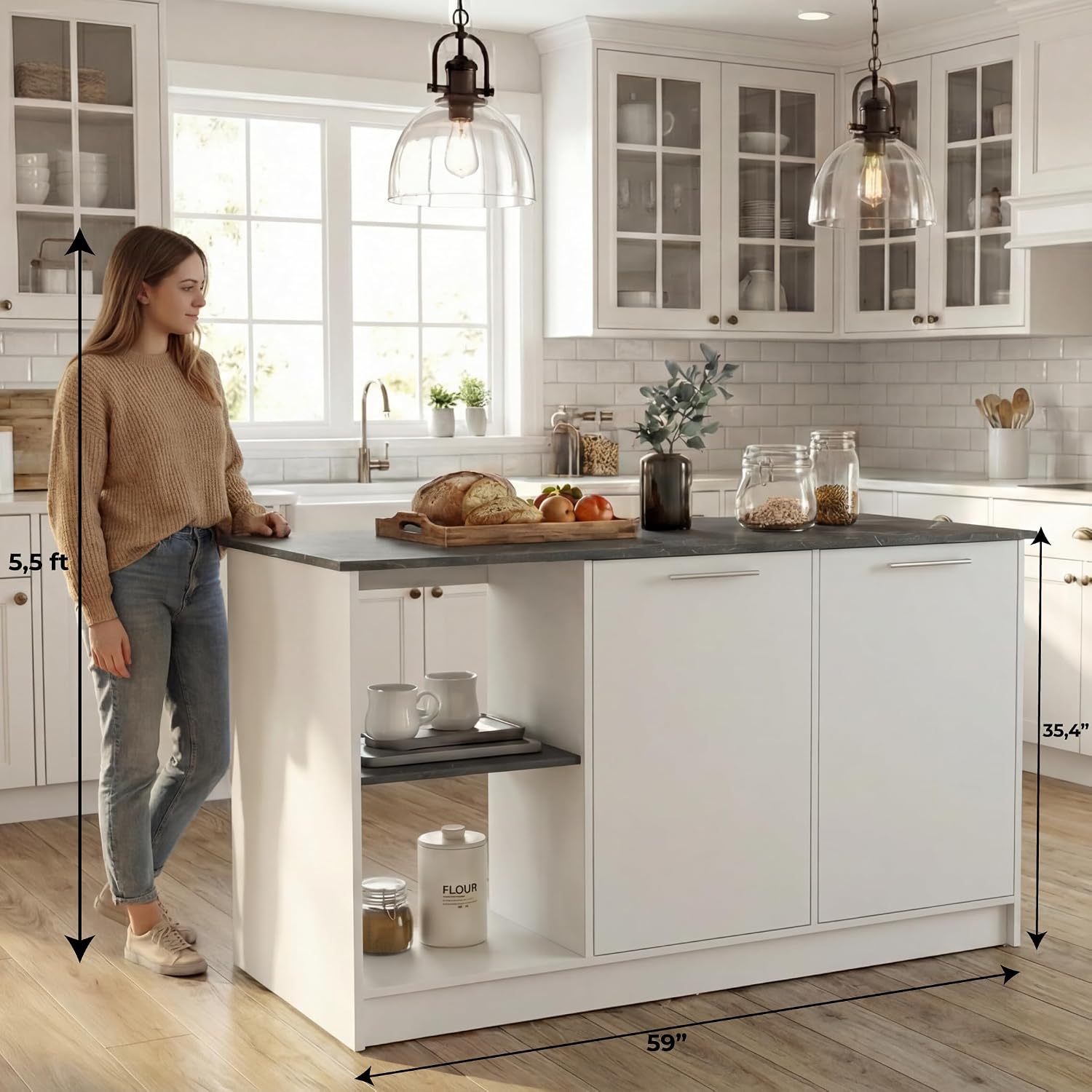 Tuhome Juniper Kitchen Island with Storage, 59in Wide Prep Top, 2-Door Cabinet with Interior Shelves and Dual Open Shelves, Engineered Wood, White/Light Oak