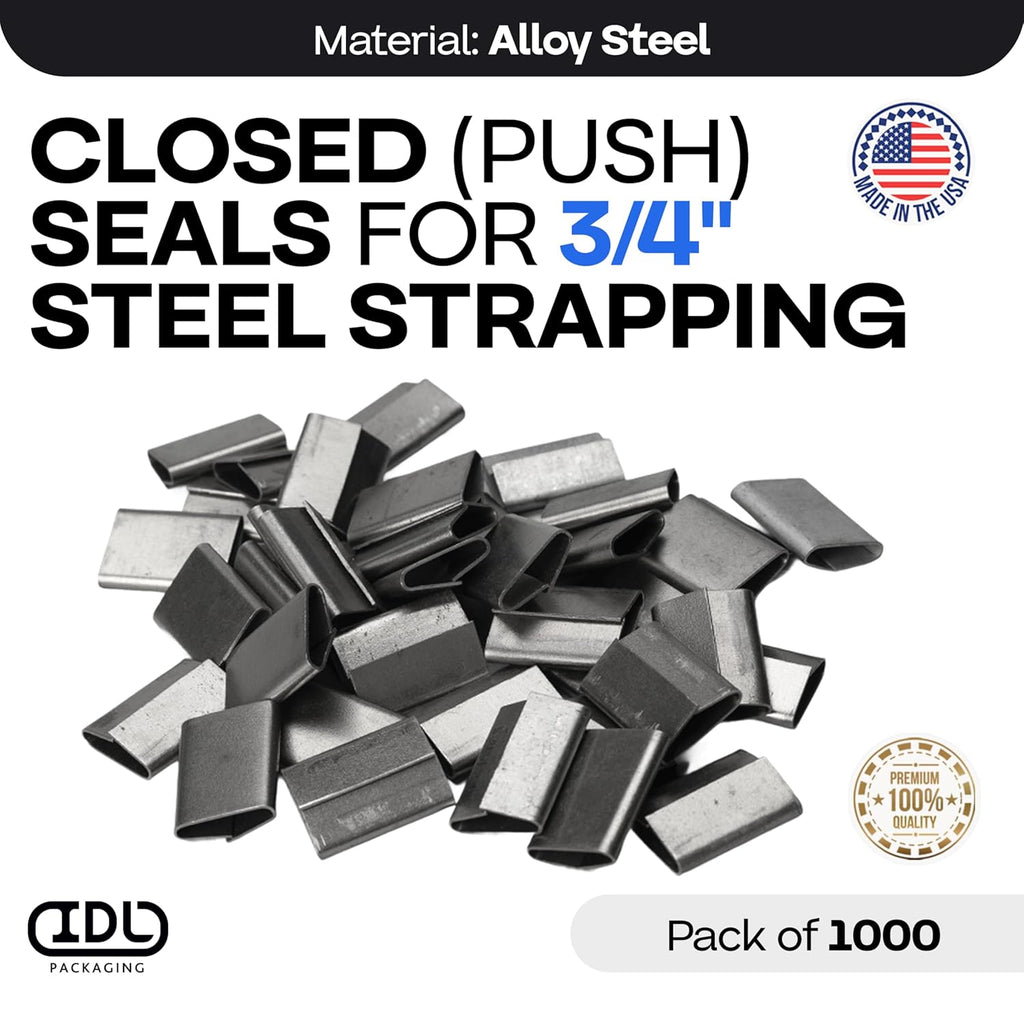 IDL Packaging Closed (Push Type) Seals for 3/4" Strap Width Steel Strapping (Pack of 1000) - Superior Holding Power - Sturdy Metal Clips for Reliable Securing of Packaging Banding