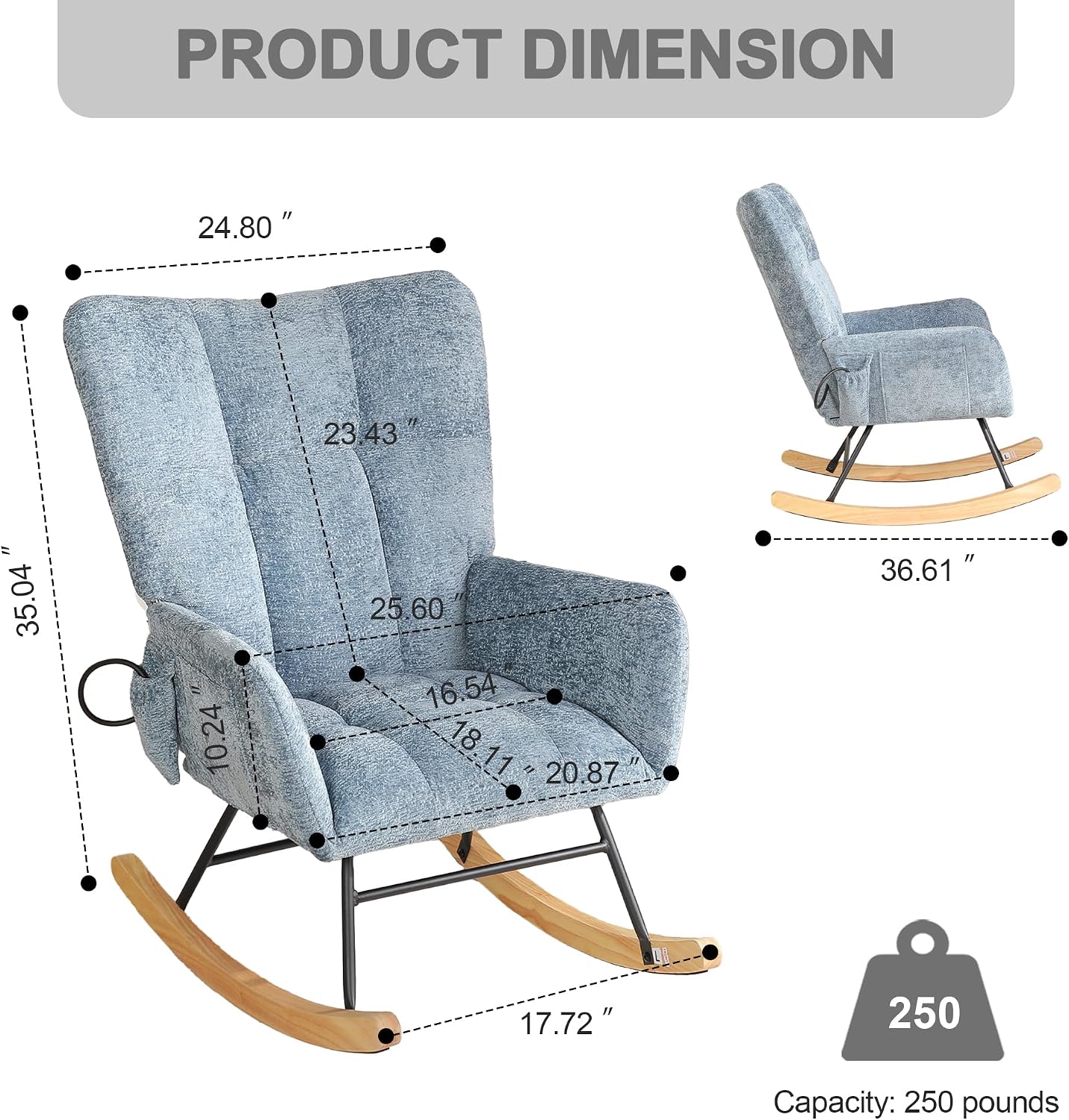 Rocking Chair Nursery, Comfy Modern Nursery Rocking Reading Chair Indoor, Cozy Upholstered Glider Rocker Chairs for Living Room Bedroom Offices, Sillas Mecedoras(Chenille, Blue)