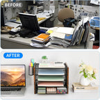 OPNCIE Desk Organizer and Accessories, 5-Tier Paper Letter Tray File Organizer with Drawer & 2 Pen Holder, Office Desk Accessories Workspace Desktop Organizer for Office Supplies(Brown)