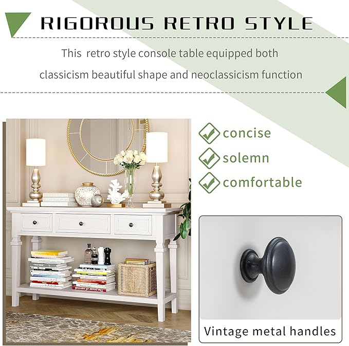 Merax Farmhouse Wood ConsoleTable for Hallways Narrow Foyer Sideboard with Drawers and Bottom Shelf for Entryway Antique White