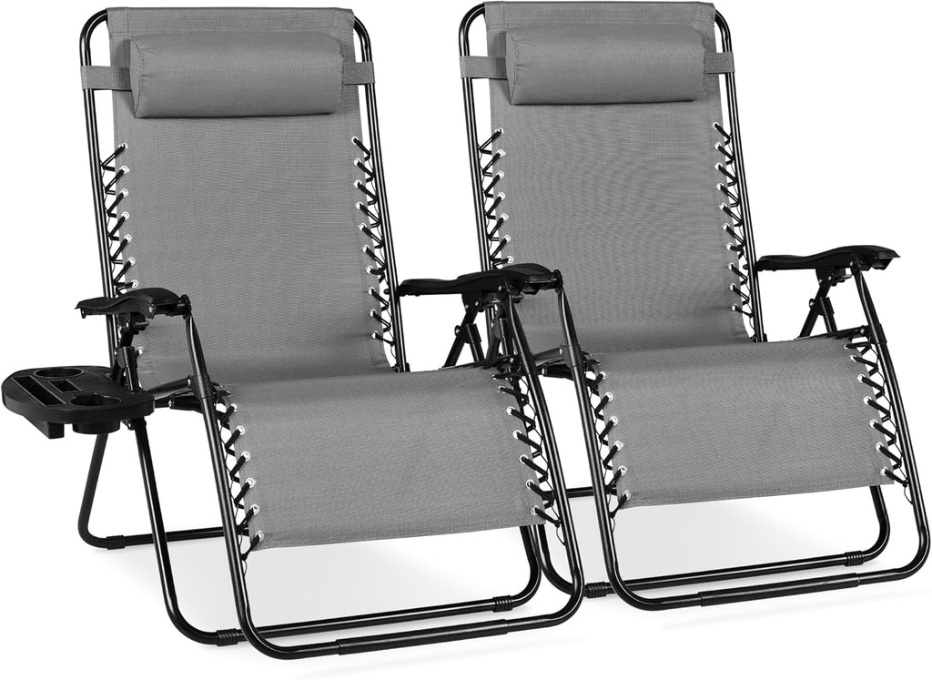 Best Choice Products Set of 2 Extra Wide Adjustable Steel Mesh Zero Gravity Lounge Chair Recliners w/Pillows and Cup Holder Trays - Ice Gray