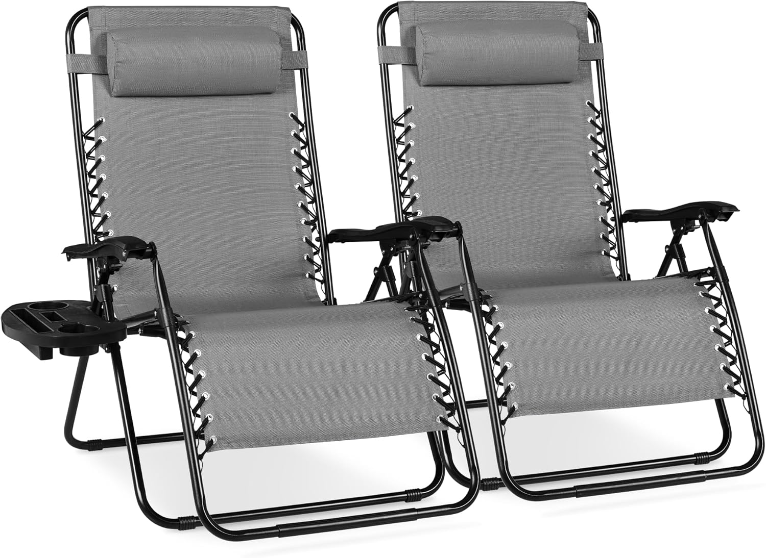 Best Choice Products Set of 2 Extra Wide Adjustable Steel Mesh Zero Gravity Lounge Chair Recliners w/Pillows and Cup Holder Trays - Ice Gray