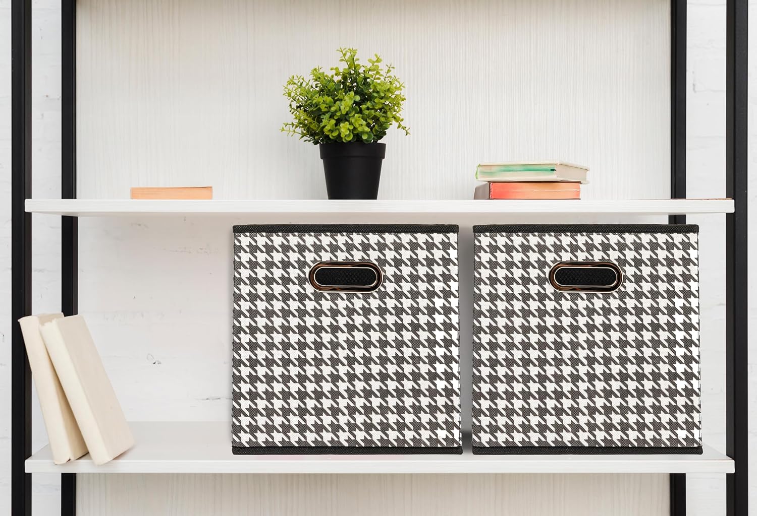 Household Essentials Fabric Storage Bins 6 Piece Set, Houndstooth White and Black (Pack of 6)