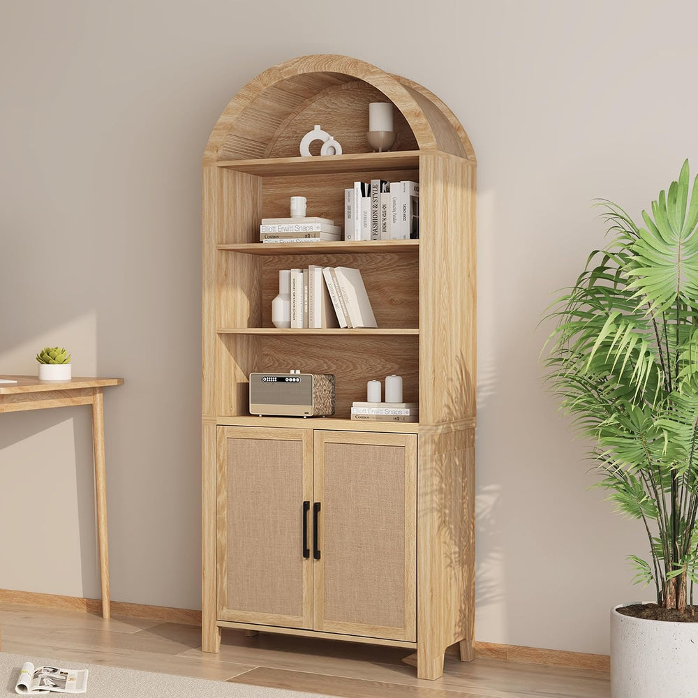 Janmer Home 71" Tall Boho Rattan Arched Bookcase with Doors, Natural