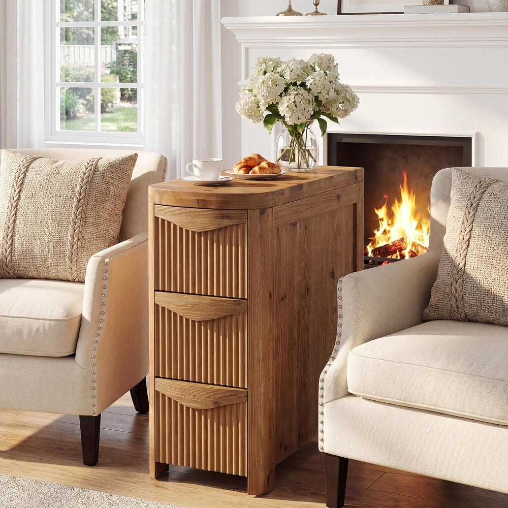 Solid Wood End Table with 3 Drawers, 24" Farmhouse Fluted Narrow Side Ta...