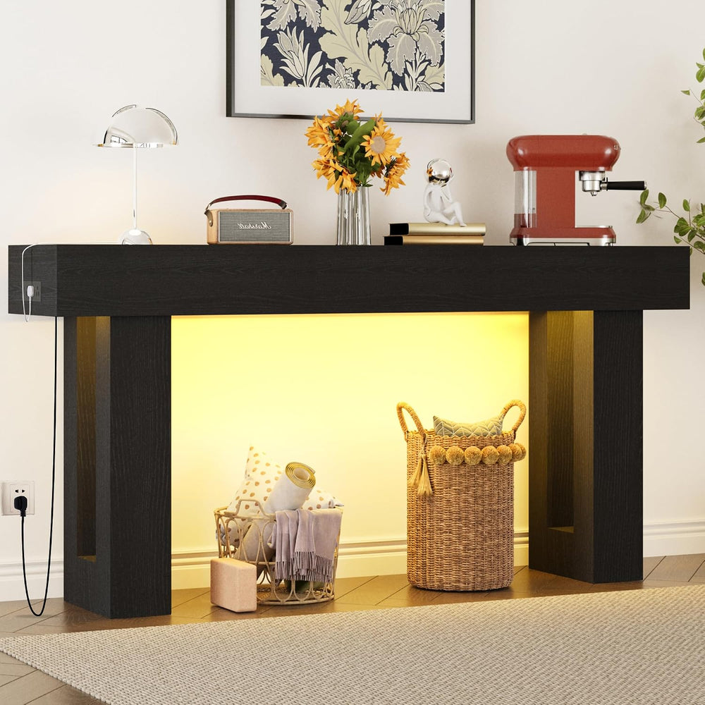 Depeht 63" Long Console Table with Power Outlet LED Lights, Wooden Farmh...