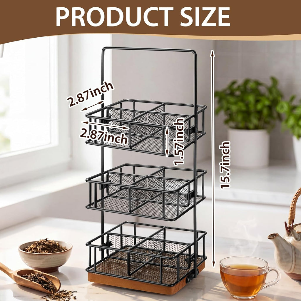 3 Tier Rotating Tea Bag Organizer, Iron and Acacia Wood 360°Spinning Carousel 150 Teabags Holder with Handle for Easy Moving, 12 Compartment Caddy for Pantry Kitchen Office Gift Giving(No Assembly)
