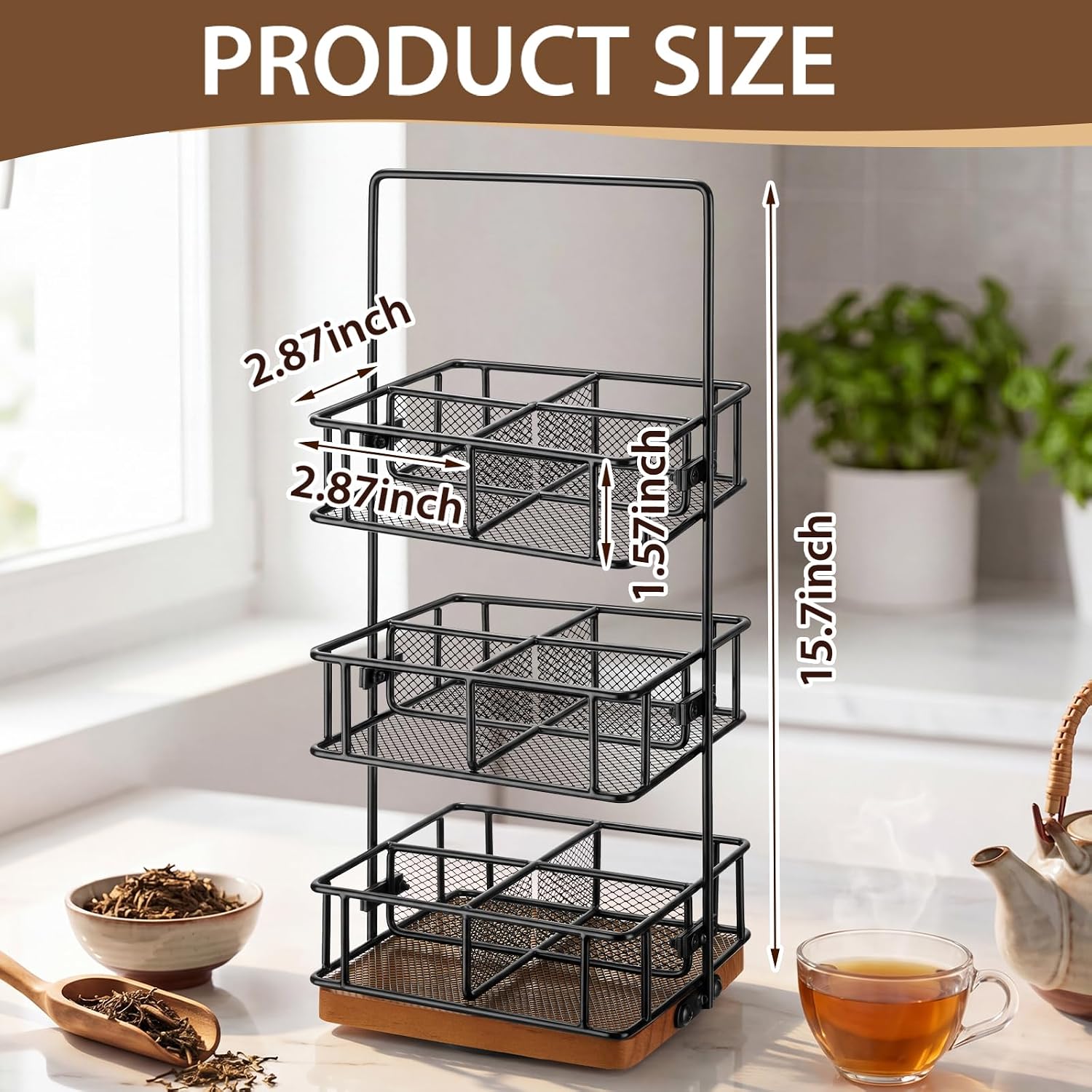 3 Tier Rotating Tea Bag Organizer, Iron and Acacia Wood 360°Spinning Carousel 150 Teabags Holder with Handle for Easy Moving, 12 Compartment Caddy for Pantry Kitchen Office Gift Giving(No Assembly)