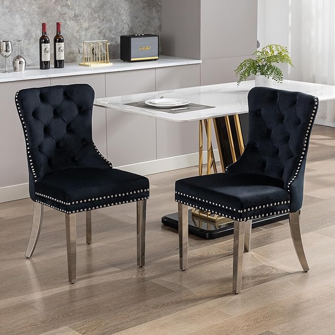 KCC Velvet Dining Chairs Set of 2, Upholstered High-end Tufted Dining Room Chair with Nailhead Back Ring Pull Trim Stainless Steel Legs, Contemporary Nikki Collection Modern Style for Kitchen, Black