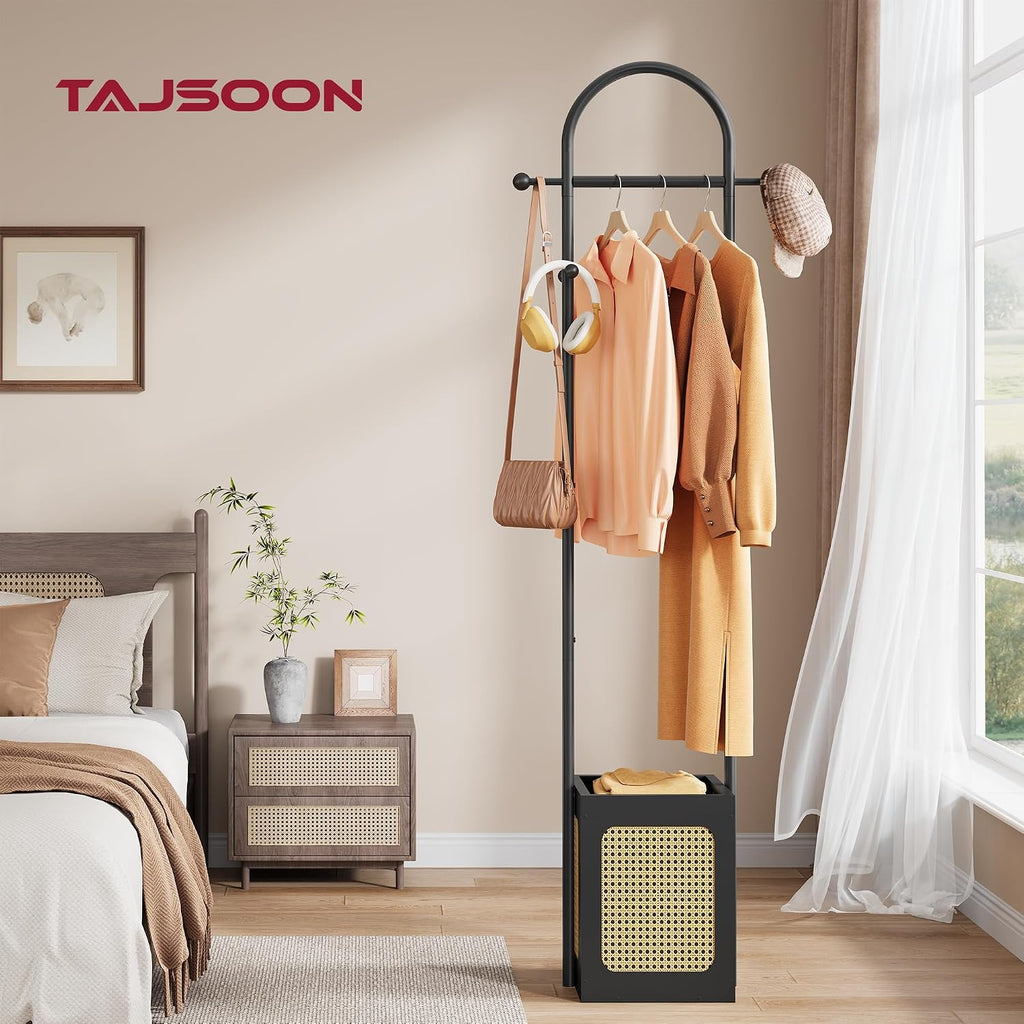 Tajsoon Coat Rack Stand with Wooden Base, Coat Tree Rattan Design, Coat Hanger Stand with 6 Hooks, Small Clothes Rack for Living Room, Bedroom, Office, Black