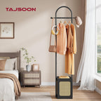 Tajsoon Coat Rack Stand with Wooden Base, Coat Tree Rattan Design, Coat Hanger Stand with 6 Hooks, Small Clothes Rack for Living Room, Bedroom, Office, Black