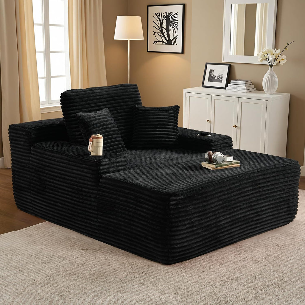 ovios 67'' Chaise Lounge Chair Indoor, Oversized Upholstered Boneless Sofa Bed with Cup Holders, Deep Seat Sleeper Couch, Plush Cloud Sofas Couches for Living Room (Faux Fur, Black)