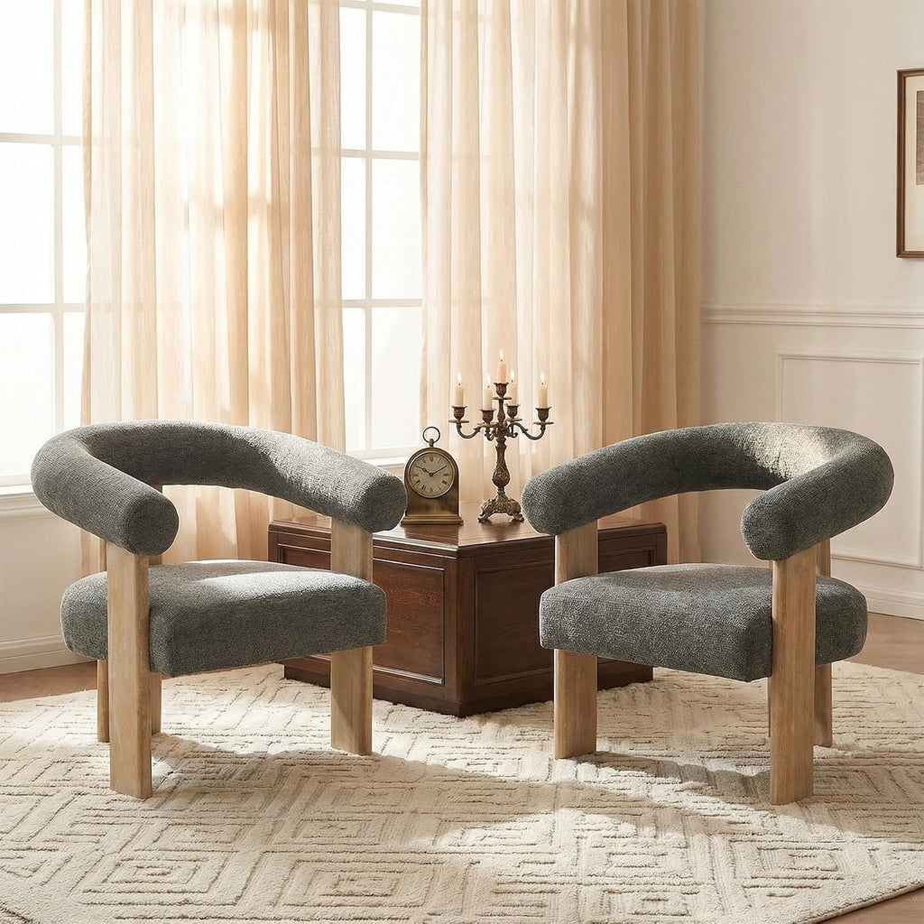 VKNOW Barrel Accent Chairs Set of 2 with Armrests and Rubberwood Legs | Mid Century Modern Upholstered Living Room Chairs with Open Back, Chenille Fabric, for Living Room, Bedroom, Dark Gray