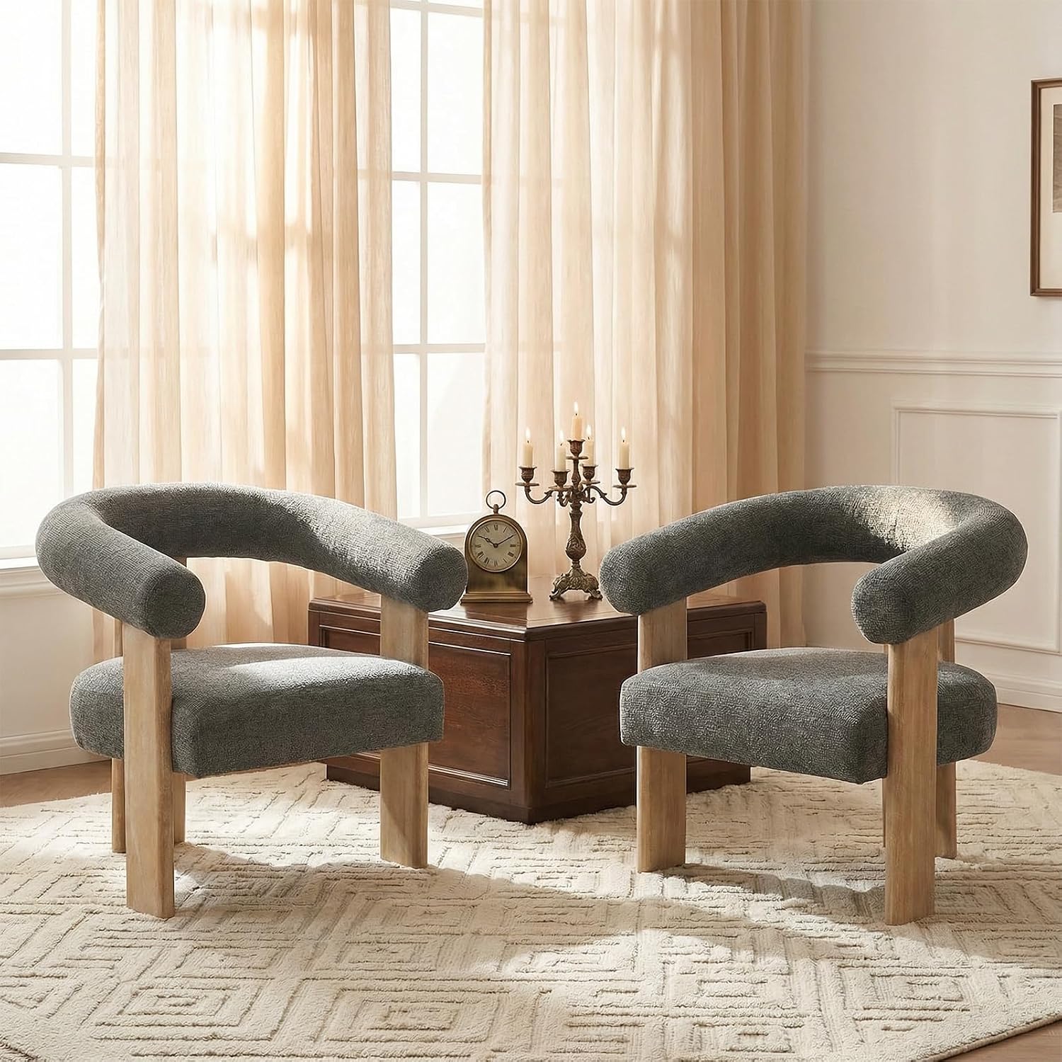 VKNOW Barrel Accent Chairs Set of 2 with Armrests and Rubberwood Legs | Mid Century Modern Upholstered Living Room Chairs with Open Back, Chenille Fabric, for Living Room, Bedroom, Dark Gray
