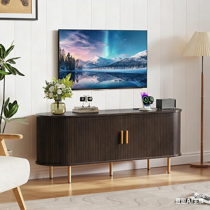 DHH 55 Inch Mid Century Modern TV Stand with Power Outlet for TVs up to 60 Inch, Entertainment Center with Storage and Adjustable Shelves, Media Console with Sliding Doors for Living Room(Brown)