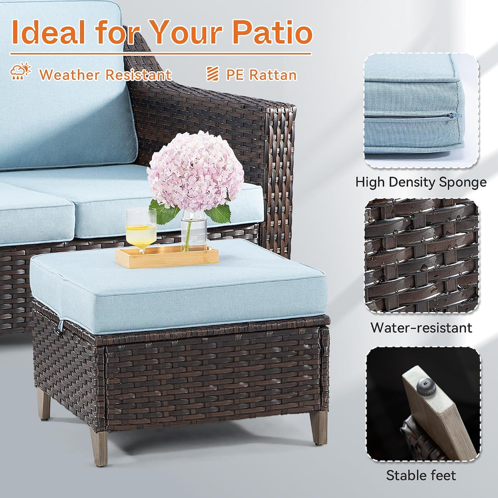 Patio Ottoman Set of 2, All Weather Outdoor Rattan Ottomans Patio Footstools ...
