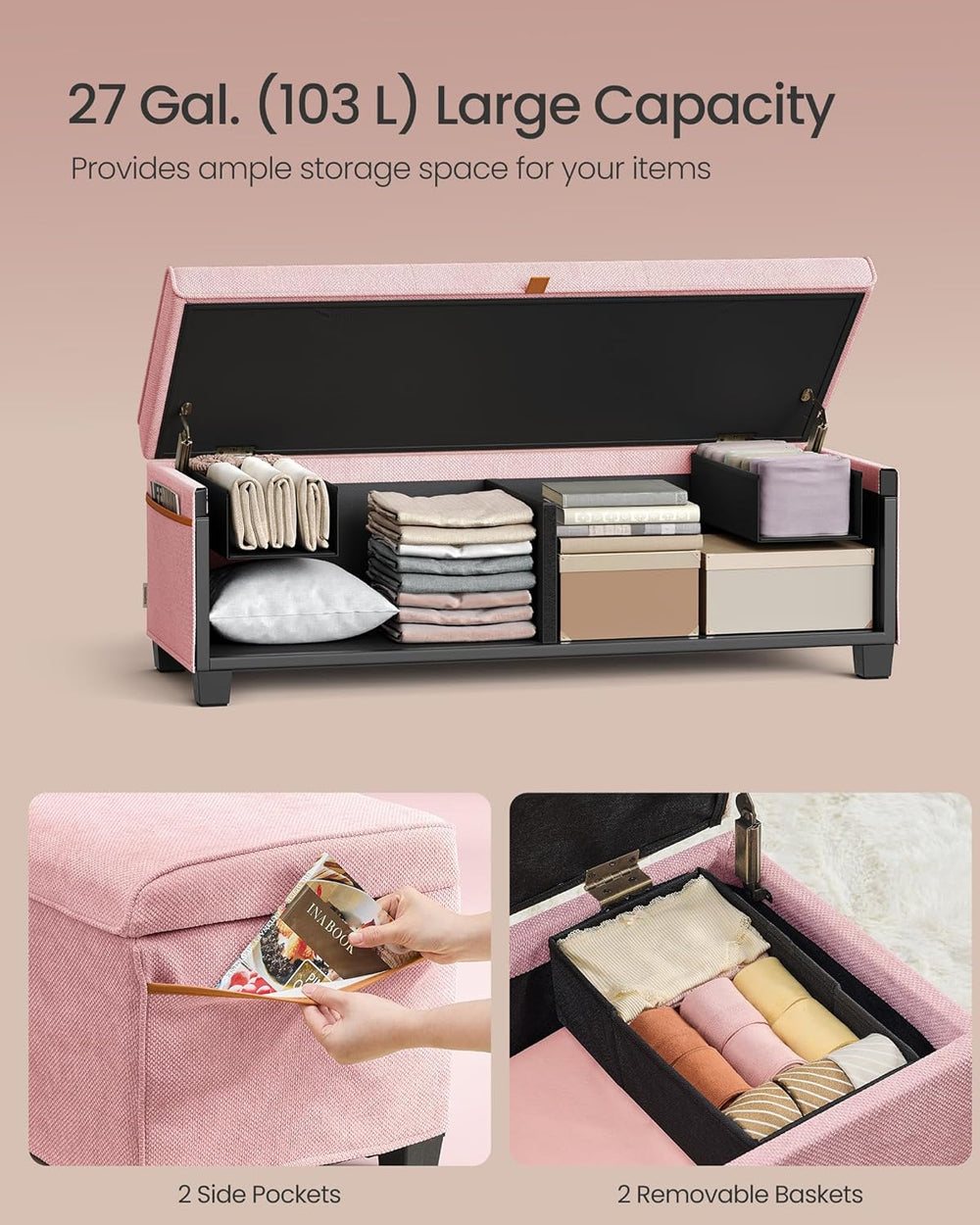 SONGMICS Storage Ottoman, 15.8 x 43.3 x 15.8 Inches, 27 Gal. (103 L) | Bench ...