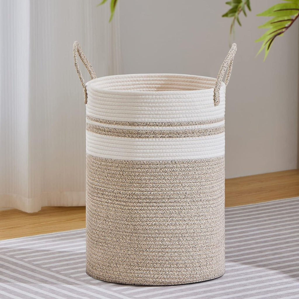 VIPOSCO Large Laundry Hamper, Tall Woven Rope Storage Basket for Blanket, Toys, Dirty Clothes in Living Room, Bathroom, Bedroom - 58L Brown & White