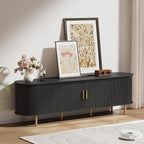 DHH 70.8 Inch Mid Century Modern TV Stand with Power Outlet for TVs up to 80 Inch, Entertainment Center with Storage and Adjustable Shelves, Media Console with Sliding Doors for Living Room(Black)