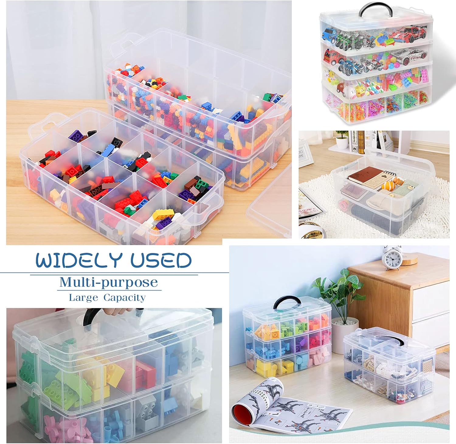 4-Tier Stackable Storage Container Box with 40 Adjustable Compartments, Plastic Organizer Box Transparent Storage Case for Kids Toys, Art Crafts, Jewelry, Supplies, Fuse Beads, Washi Tapes