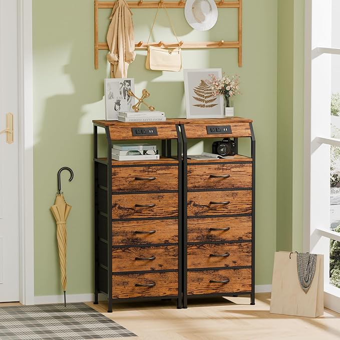 Furnulem 5 Drawers Dresser with Charging Station, Tall Night Stand with Stora...