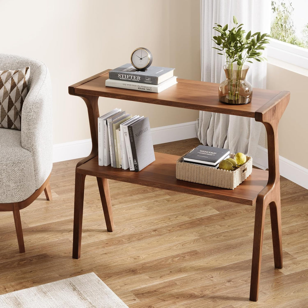 Tribesigns Solid Wood End Table, 2-Tier Farmhouse Side Table with Storage Shelves, Slim Side Table for Couch with Unique Legs, Long Bedside Table for Bedroom, Living Room, Rustic Brown