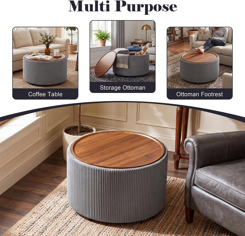 Homebeez 28” Round Storage Ottoman,Ottoman Coffee Table with Tray,Corduroy | Modern Ottomans with Storage with Anti-Slip Rubber Feet for Living Room, Bedroom, Apartment, Gray