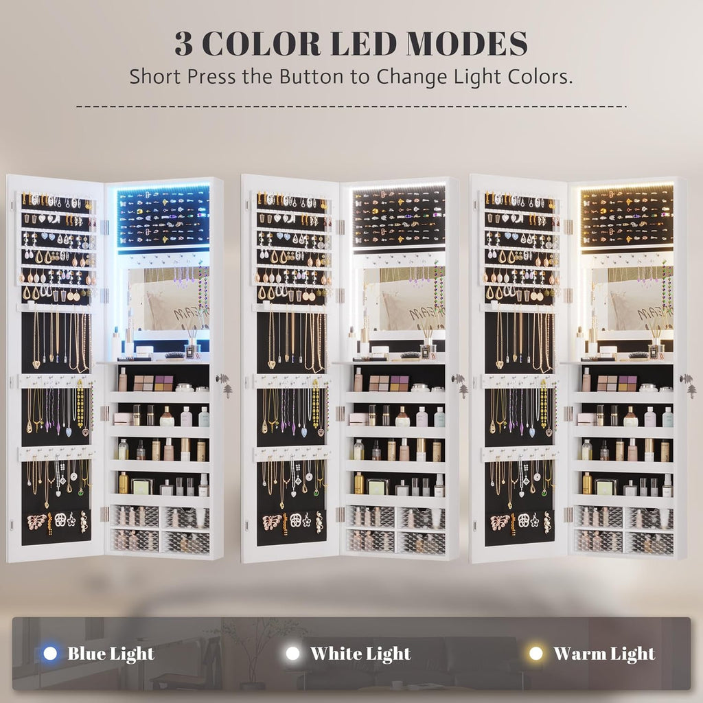 Vlsrka 47.2" LED Jewelry Mirror Cabinet, Wall/Door Mounted Jewelry Armoire Organizer with Full Length Mirror, Large Storage Hanging Cabinet, 4 Drawers, 5 Shelves, Built-in Lighted Mirror (White)