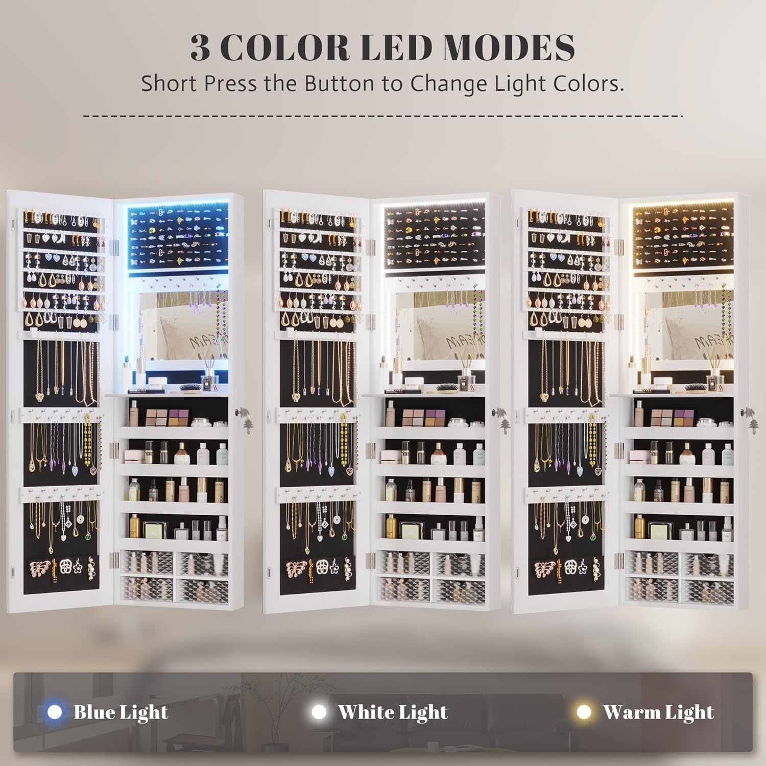 Vlsrka 47.2" LED Jewelry Mirror Cabinet, Wall/Door Mounted Jewelry Armoire Organizer with Full Length Mirror, Large Storage Hanging Cabinet, 4 Drawers, 5 Shelves, Built-in Lighted Mirror (White)