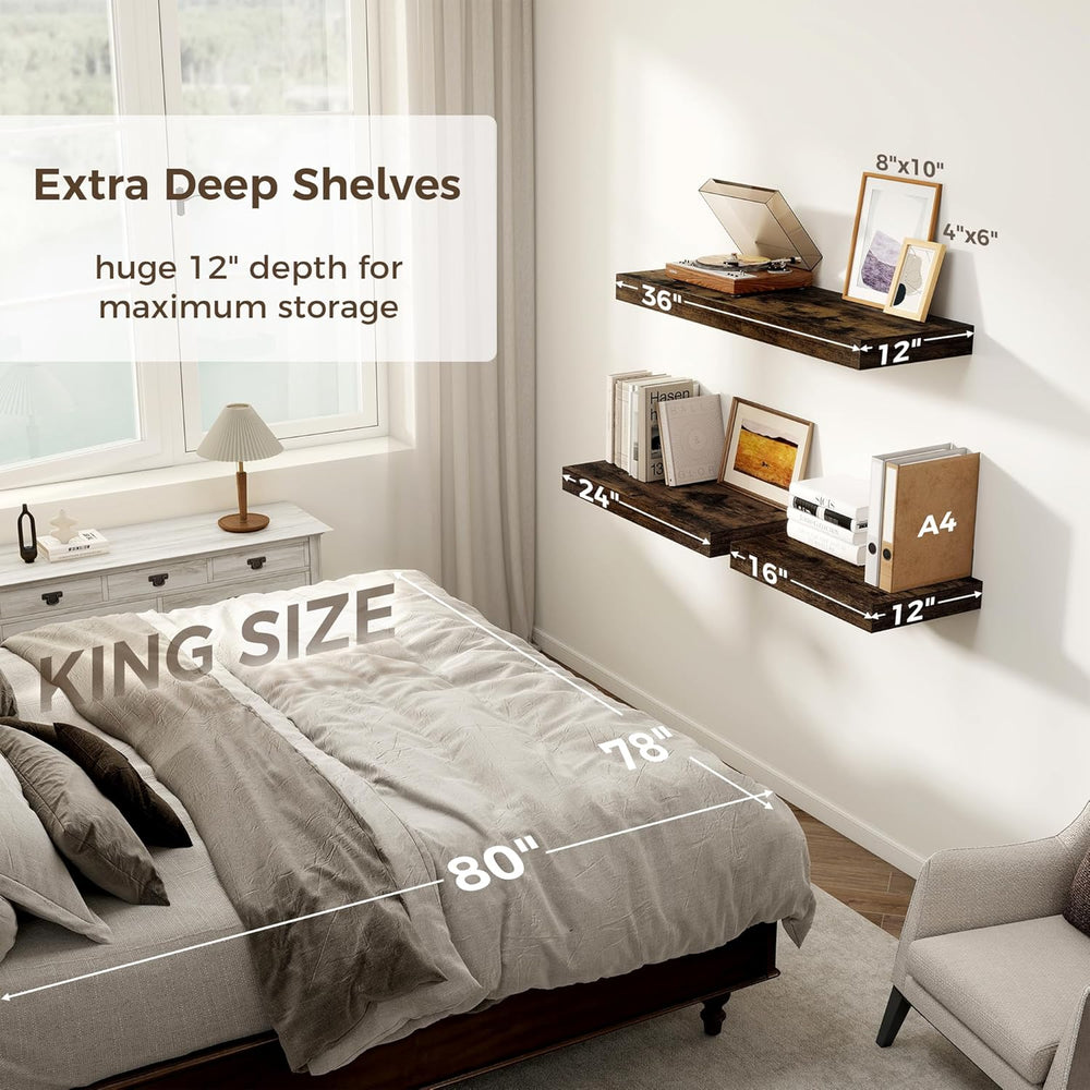 12 Inch Deep Floating Shelves, 24 x 12 Floating Shelf for Books, Rustic Wood ...