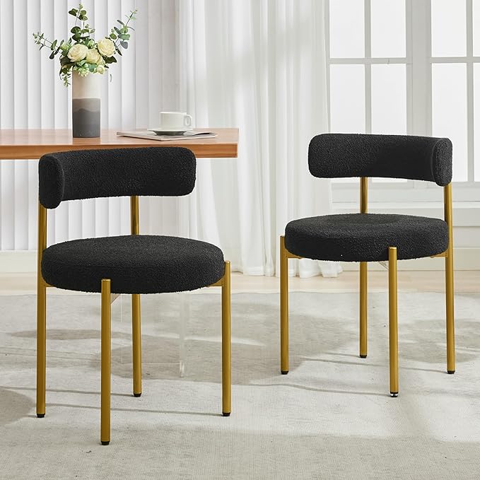 Boucle Dining Chairs Set of 2, Mid Century Modern Dining Room Chairs with Barrel Backrest, Upholstered Black Kitchen Chairs for Dining Room, Restaurant, Gold Metal Frame