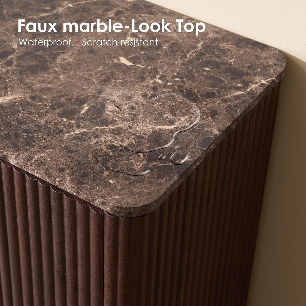 Curved Fluted Nightstand Set of 2, Faux Marble Top, Dark Oak
