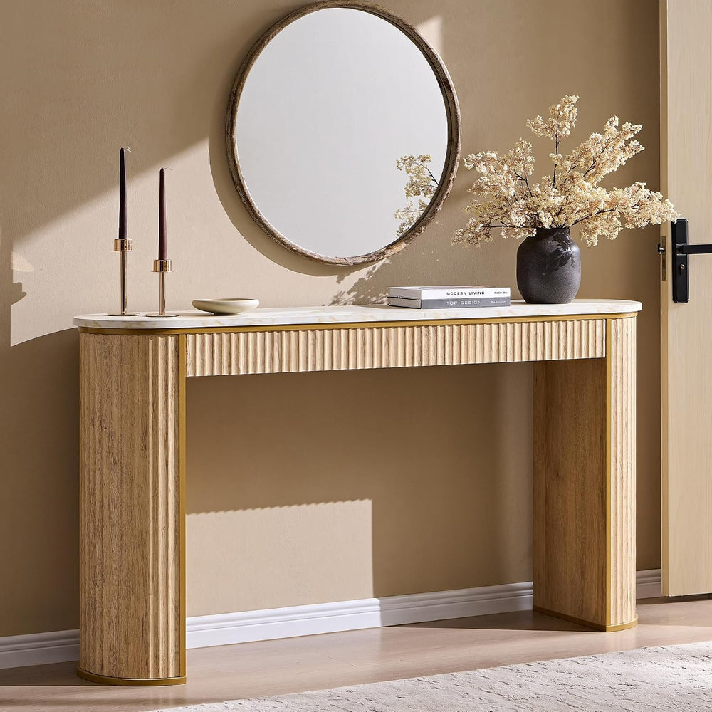 OKD 63-Inch Fluted Console Table, Narrow Entryway Table, Natural Oak