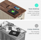 LINSY HOME End Table Set of 2 with Charging Station, Modern Farmhouse Sofa Couch Side Table, Wooden Bedside Table for Living Room, Slim Nightstand with Storage Cabinet for Small Space, Glass Door