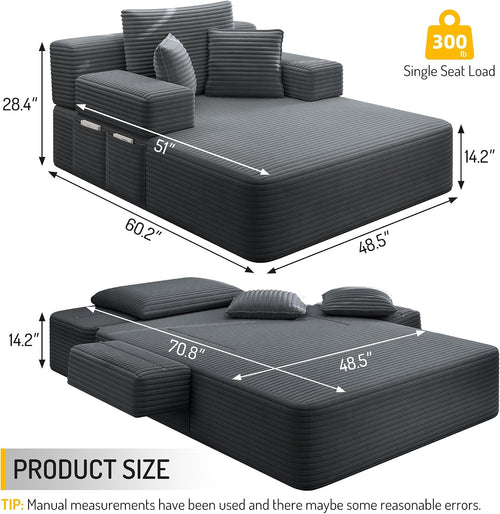 2-in-1 Convertible Chaise Lounge Indoor, 60.2" Corduroy Upholstered Chaise Lounge Chair that Converts to Sleeper Bed,Compressed Sofa with Side Storage Pockets and 3 Pillows for Bedroom Apartment Dorm