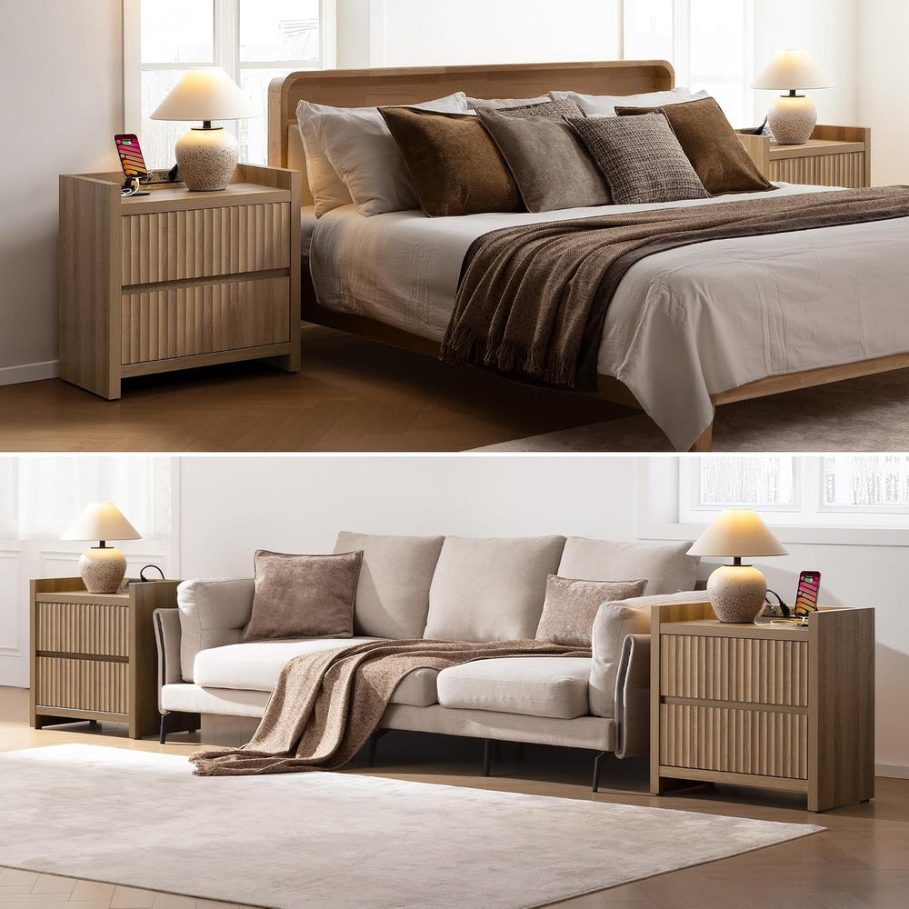 SICOTAS Night Stand Set 2 with Charging Station, Fluted Nightstands | Large M...