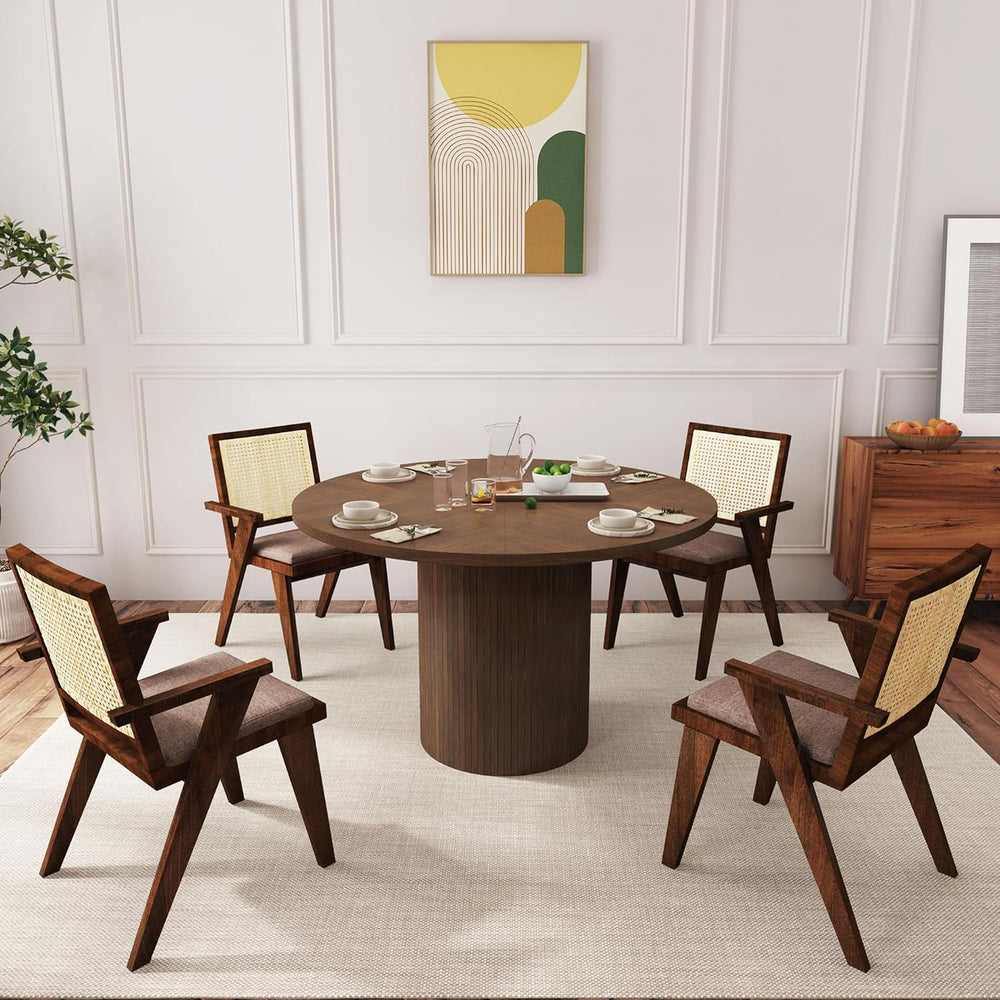 QHITTY Fluted Round Dining Table, 47-inch Wood Kitchen for 4, Farmhouse Circl...