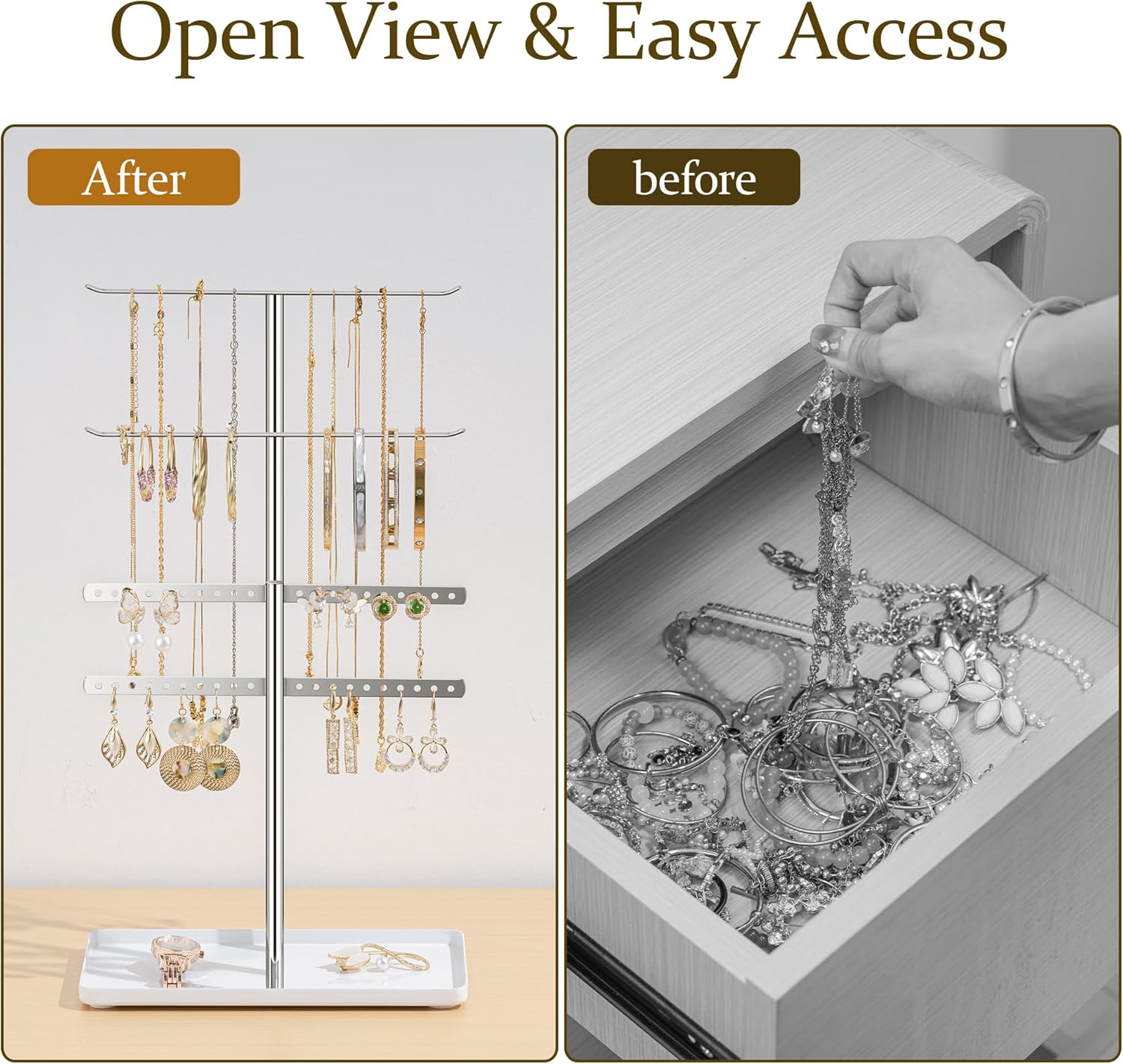 pickpiff Silver Jewelry Stand Holder Organizer: 14.5" Sturdy Hanger for 80 Pcs Jewelry, Chrome Jewlery Tower for Display Necklace, Earring, Bracelet, Watch