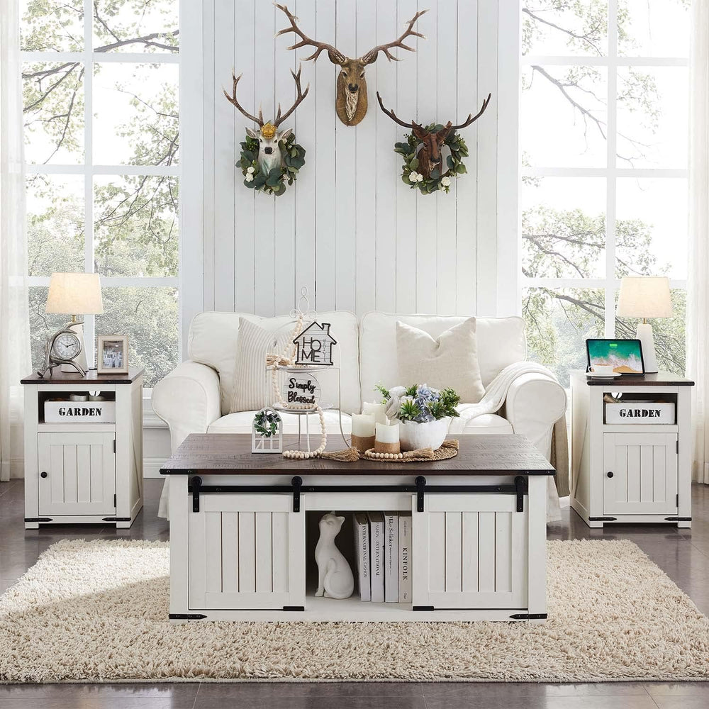 Farmhouse Night Stands Set of 2, 20" End Table w/Charging Station, Rusti...