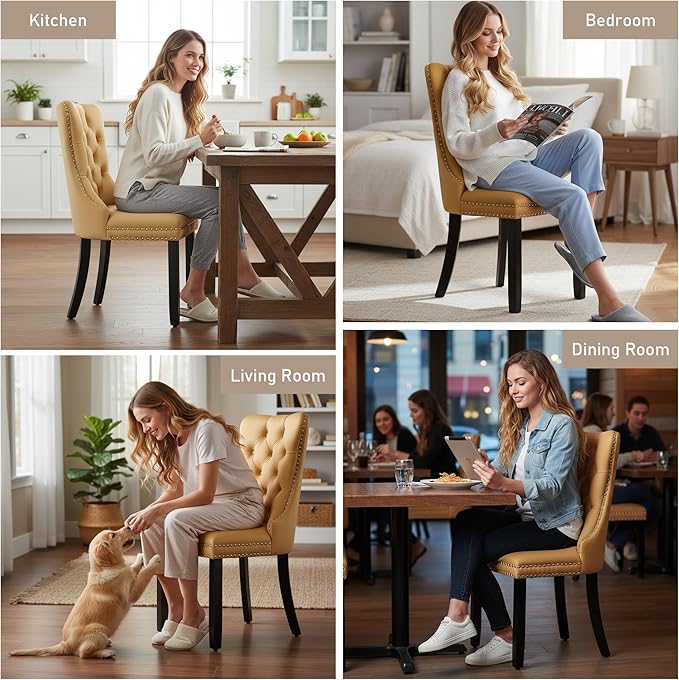 Mid Century Modern Dining Chair Set of 2 Velvet Upholstered Dining Accent Chair Farmhouse Dining Chairs with High Back and Nailhead Trim for Kitchen, Living Room, Bedroom (Gold)