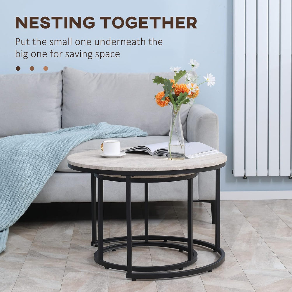 Round Nesting Tables Set of 2, Stacking Coffee Tables with Metal Frame | Grey...