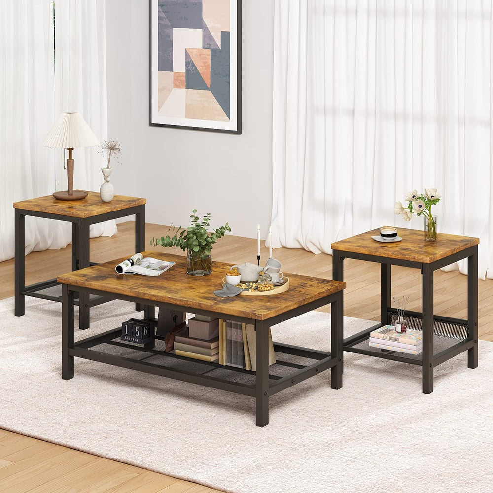Lamerge 3 Pieces Living Room Table Set, Industrial Coffee Table with 2 Square...