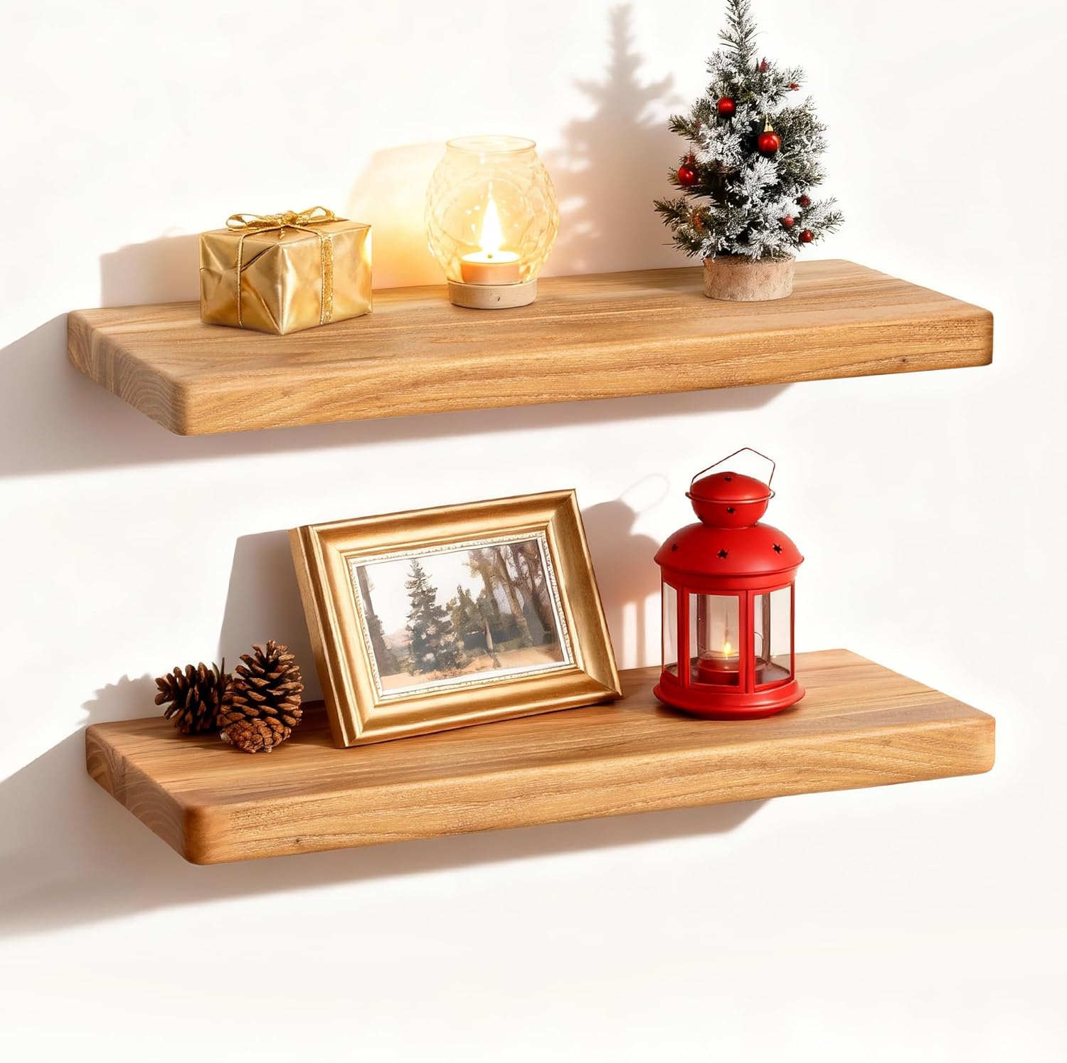 Fun Memories Rustic Solid Elm Wood Floating Shelves, 16" W x 8" D Floating Shelf Wall Mounted, 8 Inch Deep Wall Shelves, Wooden Bathroom Shelf for Home, Deep Bookshelf for Living Room, Set of 2