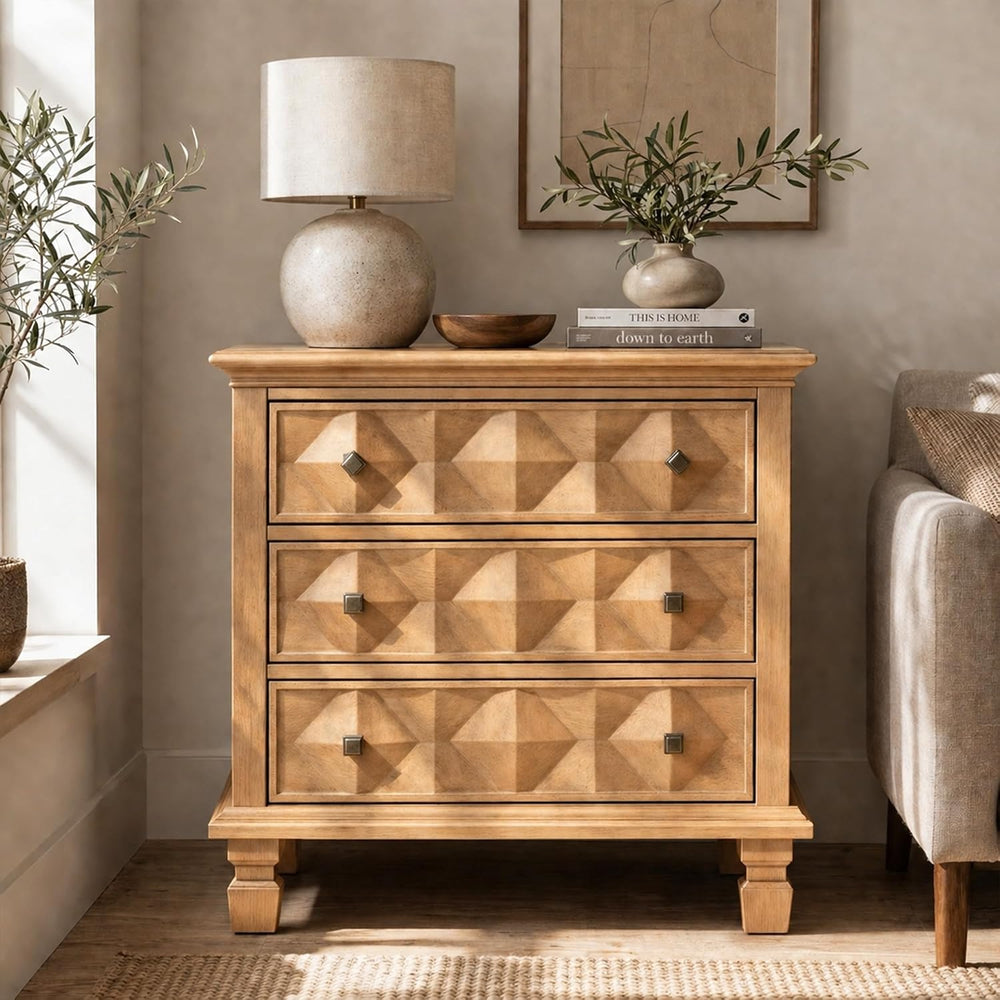 Traditional Geometric Textured Nightstand, 3 Drawer Solid Wood Bedside Table ...