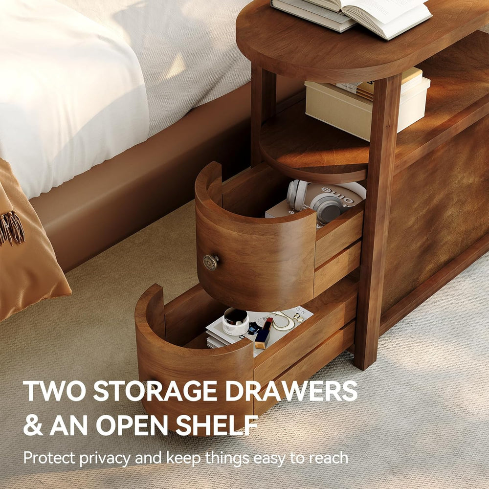 LITTLE TREE Solid Wood End Table with 2 Drawers & Open Shelf, No Assembly...