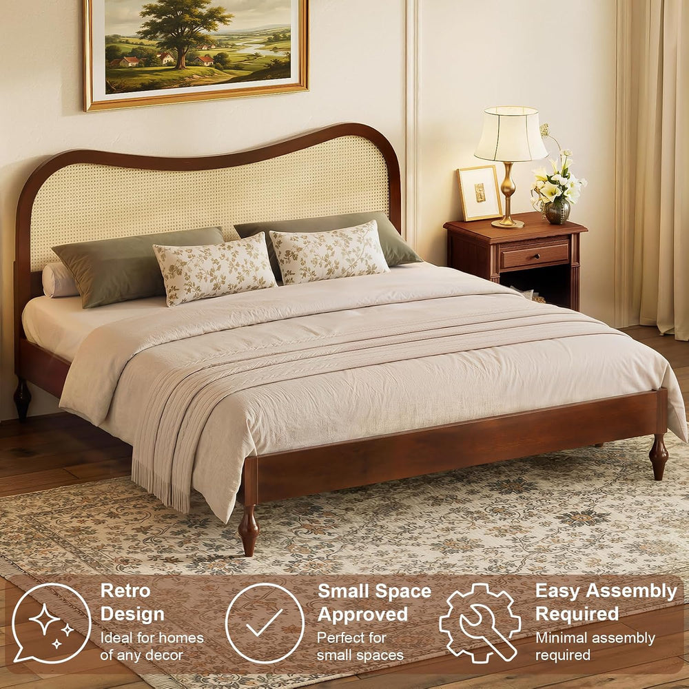 King Size Boho Platform Bed Frame with Curved Rattan Headboard
