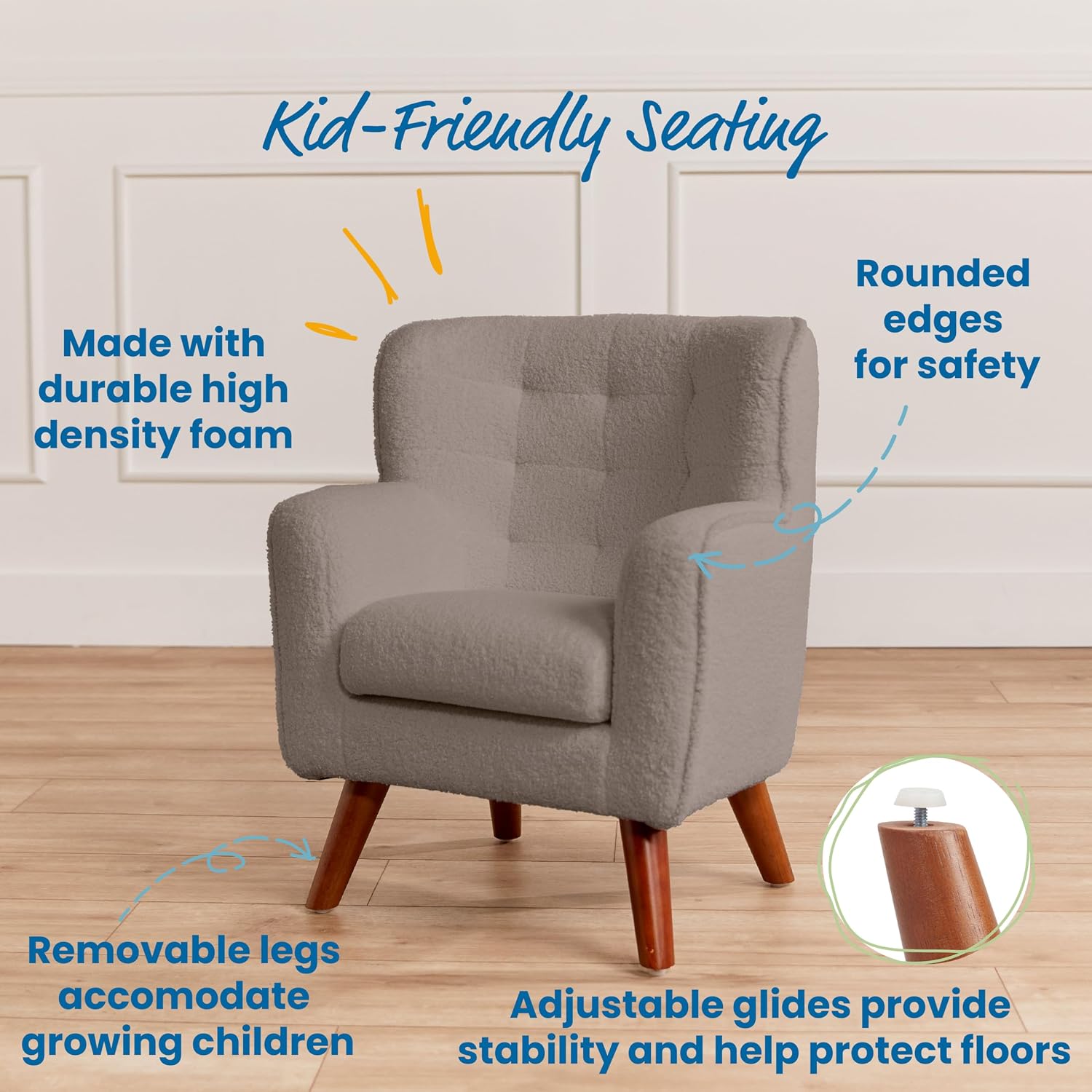 ECR4Kids Mila Sherpa Toddler Arm Chair with Removable Wooden Legs, Kids Furniture, Grey